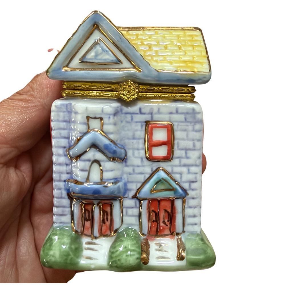 Midwestern Home Products Porcelain Hinged Trinket Box House Blue Yellow 3 Inch